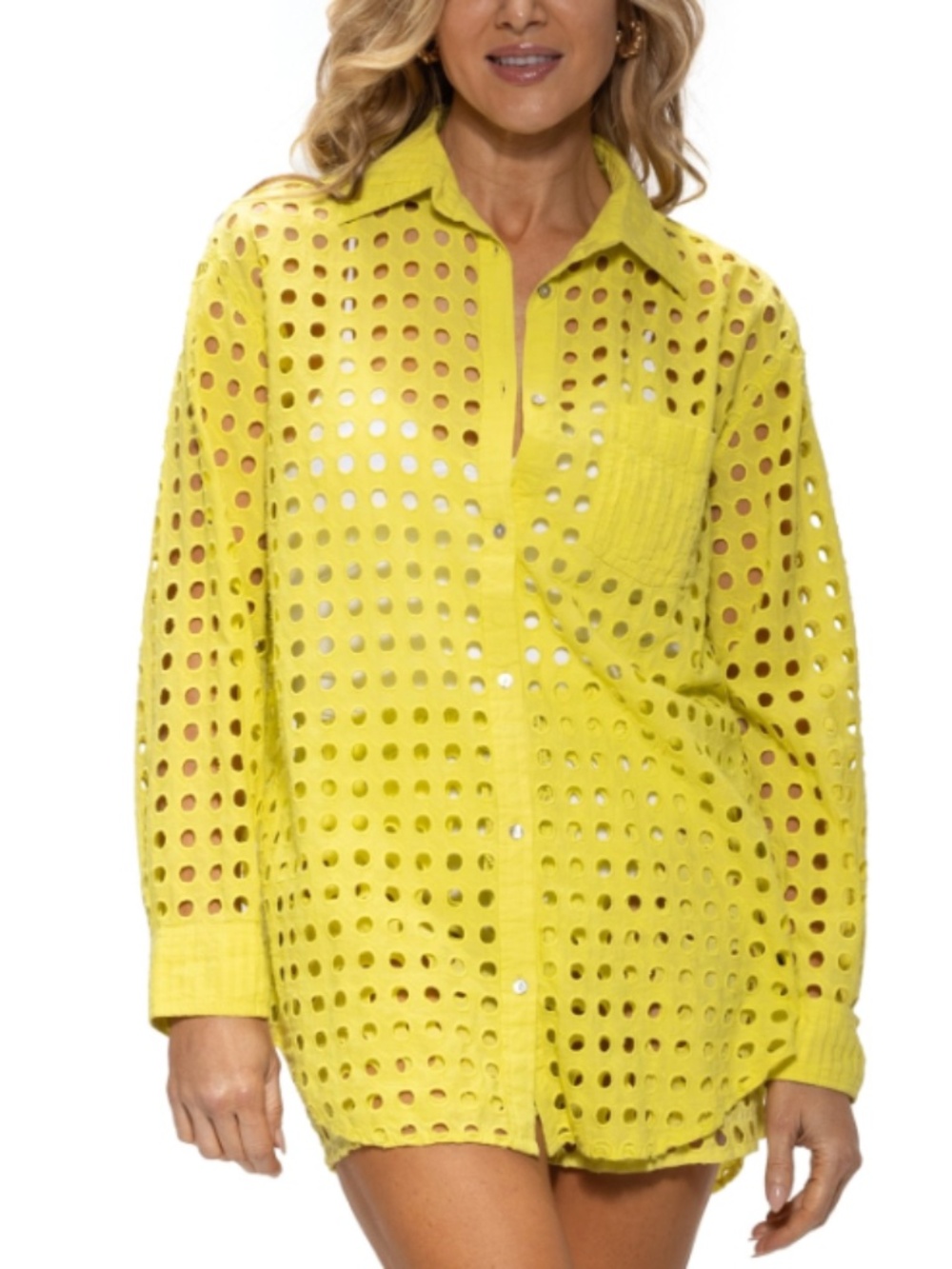 Women's Dotti Openwork Dot Shirt Swim Cover up Cotton Citrine Size XL 12744
